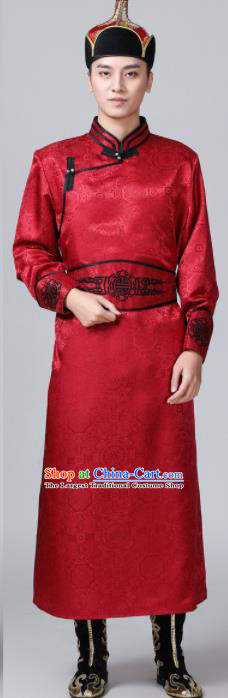 Chinese Mongol Nationality Red Robe Mongolian Male Garment Ethnic Wedding Costume Minority Folk Dance Clothing