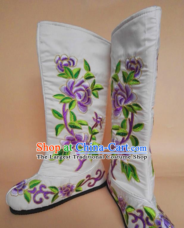 Chinese Embroidered Peony White Satin Boots Peking Opera Shoes Ancient Swordswoman Shoes Handmade Beijing Opera Female General Shoes