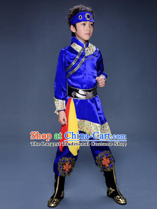 Chinese Mongol Nationality Boys Clothing Ethnic Children Folk Dance Garments Mongolian Minority Performance Blue Uniforms