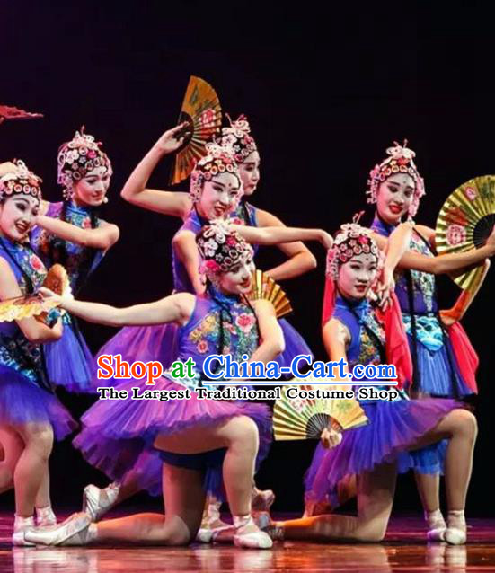 China Opera Dance Blue Dress Children Classical Dance Costumes Girl Stage Performance Dancewear Fan Dance Clothing