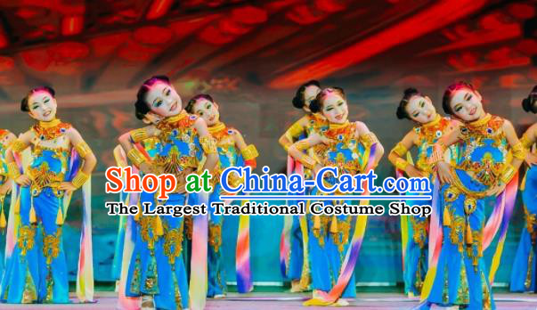 China Girl Stage Performance Dancewear Flying Dance Clothing Dunhuang Apsaras Dance Blue Outfits Children Classical Dance Costumes