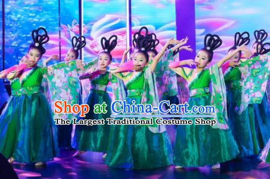 China Children Classical Dance Costumes Girl Stage Performance Dancewear Court Dance Clothing Lotus Dance Green Dress