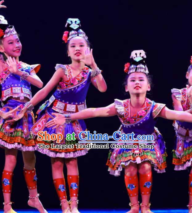 Chinese Hmong Minority Girl Blue Dress Miao Nationality Folk Dance Clothing Ethnic Children Stage Performance Garments