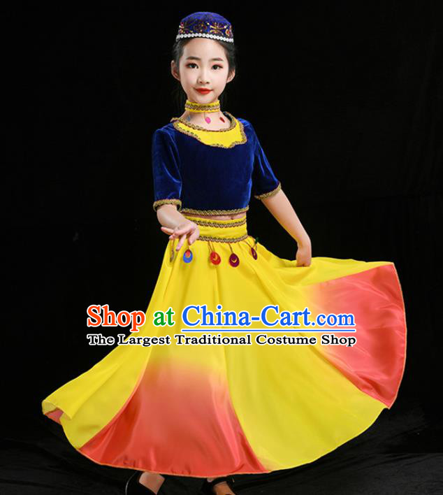 Chinese Uyghur Minority Girl Blue Velvet Outfits Uighur Nationality Folk Dance Clothing Xinjiang Ethnic Children Stage Performance Garments