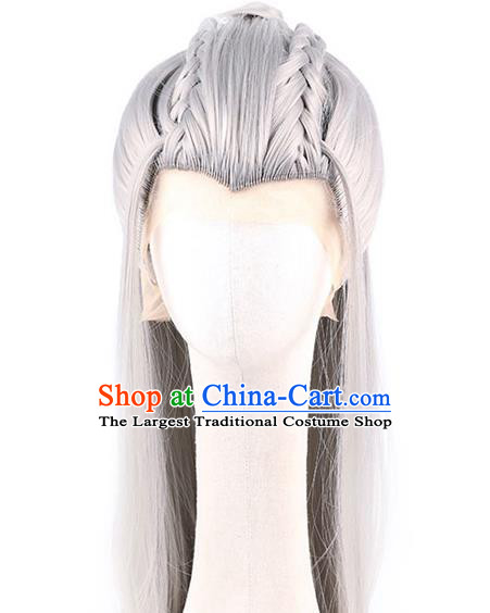 Chinese Traditional Cosplay Swordsman Headdress Ancient Knight Hairpieces Handmade Ming Dynasty Grey Front Lace Wigs