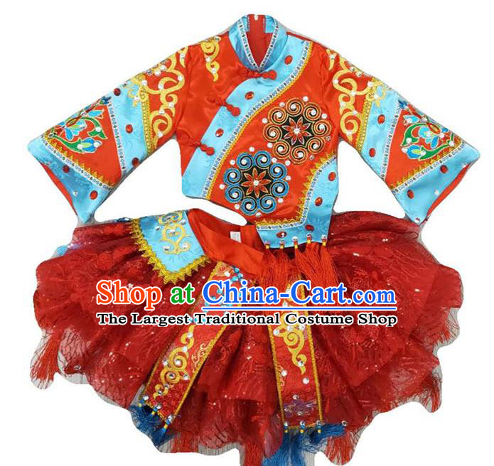 Chinese Children Performance Red Uniforms Folk Dance Outfits Girl Opera Dance Costumes Yangko Dance Clothing