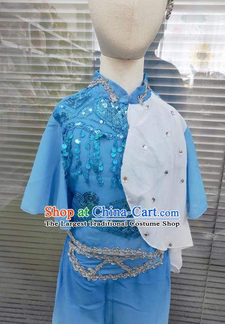 Chinese Yangko Dance Clothing Children Performance Blue Uniforms Folk Dance Outfits Girl Fan Dance Costumes