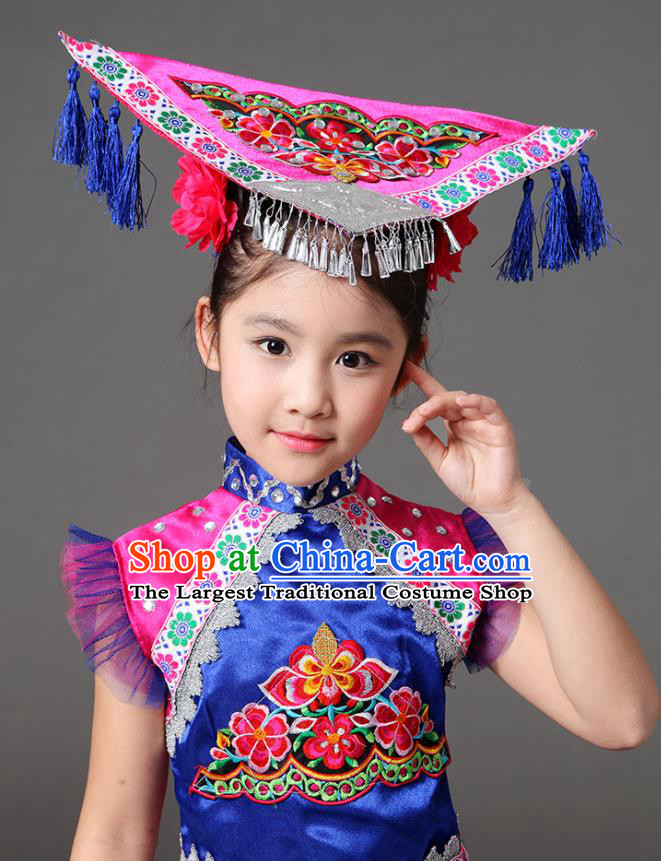 Chinese Ethnic Children Performance Garments Minority Girl Purple Dress Outfits Zhuang Nationality Folk Dance Clothing