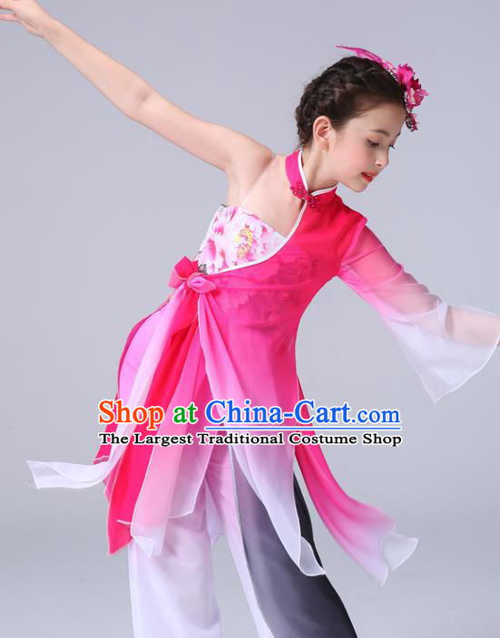 China Children Classical Dance Costumes Girl Stage Performance Dancewear Umbrella Dance Clothing Peony Dance Rosy Outfits