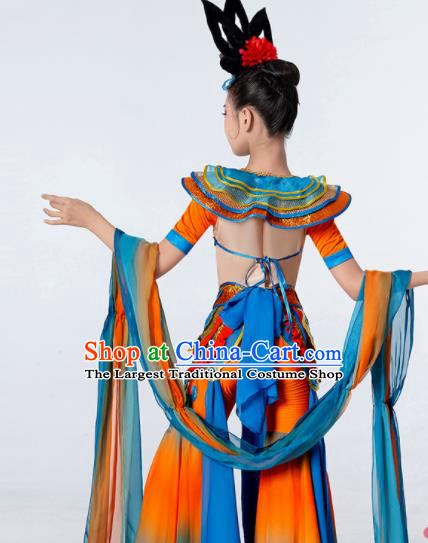 China Children Classical Dance Costumes Girl Stage Performance Dancewear Dunhuang Dance Clothing Flying Apsaras Dance Orange Outfits