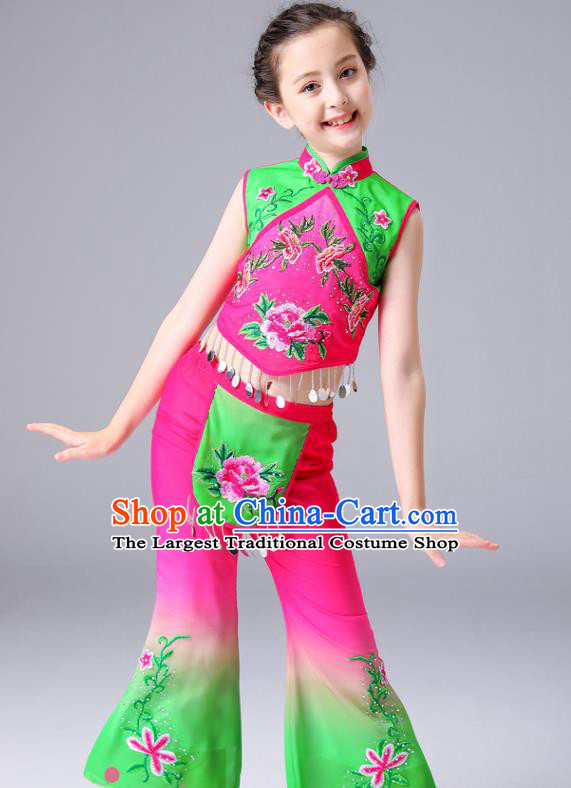 Chinese Children Yangko Dance Rosy Uniforms Folk Dance Costumes Fan Dance Dress Yangge Performance Clothing