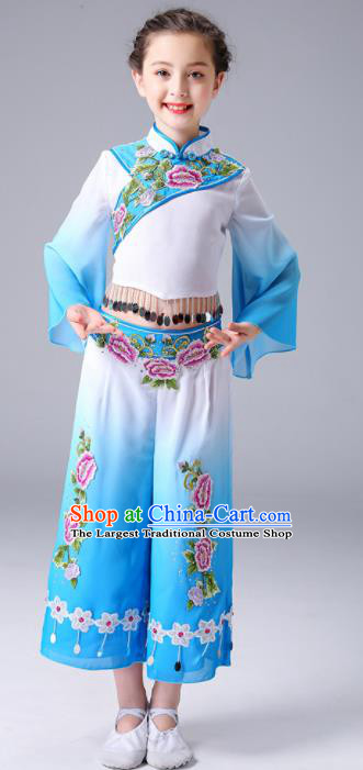 Chinese Yangge Performance Clothing Children Yangko Dance Blue Uniforms Folk Dance Costumes Girl Fan Dance Dress