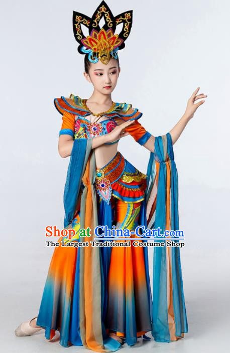 China Children Classical Dance Costumes Girl Stage Performance Dancewear Dunhuang Dance Clothing Flying Apsaras Dance Orange Outfits