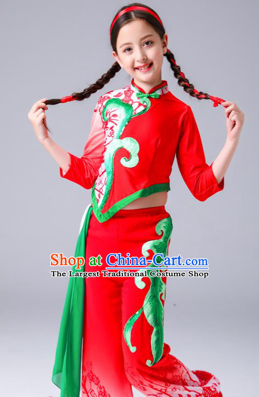 Chinese Folk Dance Costumes Girl Fan Dance Dress Yangge Performance Clothing Children Yangko Dance Red Uniforms