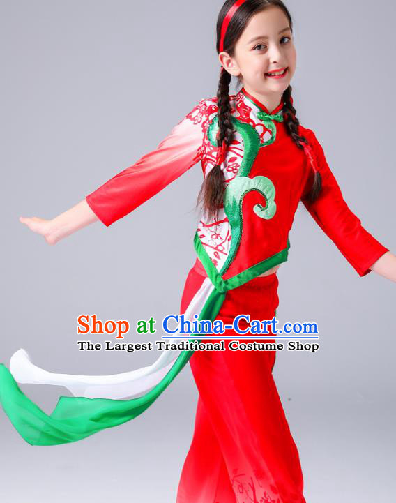 Chinese Folk Dance Costumes Girl Fan Dance Dress Yangge Performance Clothing Children Yangko Dance Red Uniforms