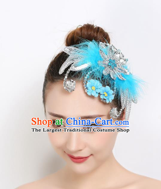 China Folk Dance Hair Accessories Woman Yangko Dance Blue Feather Headpiece Dai Nationality Peacock Dance Hair Stick