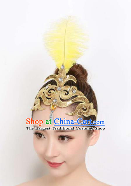China Woman Peacock Dance Hair Accessories Dai Nationality Folk Dance Headpiece Yangko Dance Yellow Feather Hair Stick