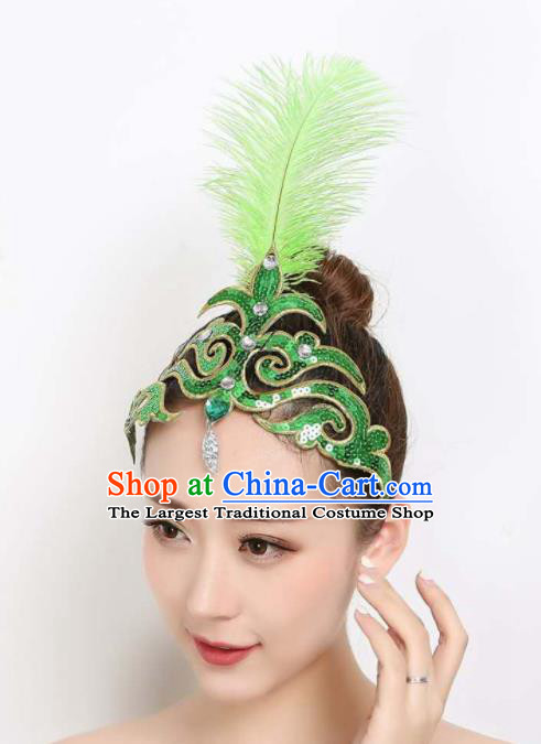 China Yangko Dance Green Feather Hair Stick Woman Peacock Dance Hair Accessories Dai Nationality Folk Dance Headpiece