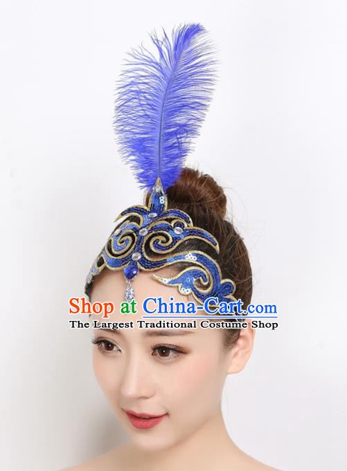 China Dai Nationality Dance Royalblue Feather Headpiece Woman Stage Performance Hair Stick Peacock Dance Hair Accessories