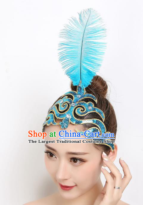 China Peacock Dance Hair Accessories Dai Nationality Dance Blue Feather Headpiece Woman Stage Performance Hair Stick