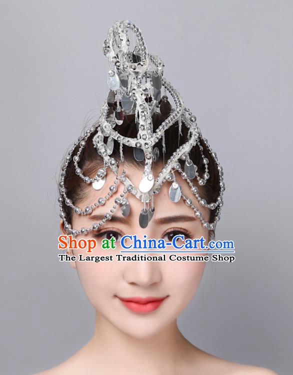 China Woman Opening Dance Argent Tassel Hair Stick Folk Dance Hair Accessories Yangko Dance Headdress