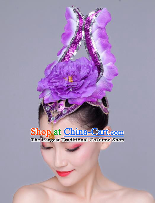 China Opening Dance Headdress Woman Group Modern Dance Purple Peony Hair Crown Flower Dance Dance Hair Accessories