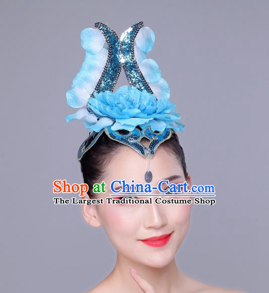China Woman Group Modern Dance Blue Peony Hair Crown Flower Dance Dance Hair Accessories Opening Dance Headdress