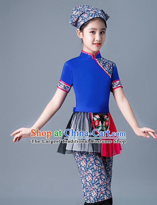 Chinese Village Girl Dance Dress Yangge Performance Clothing Children Yangko Dance Blue Uniforms Folk Dance Costumes