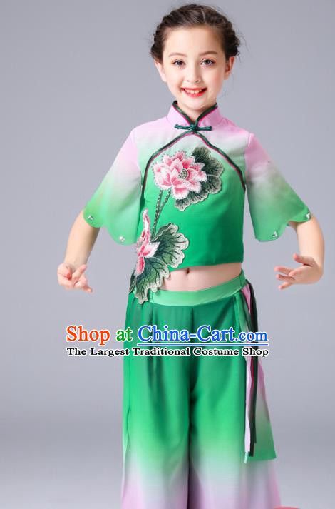 China Lotus Dance Green Outfits Children Classical Dance Costumes Girl Stage Performance Dancewear Umbrella Dance Clothing