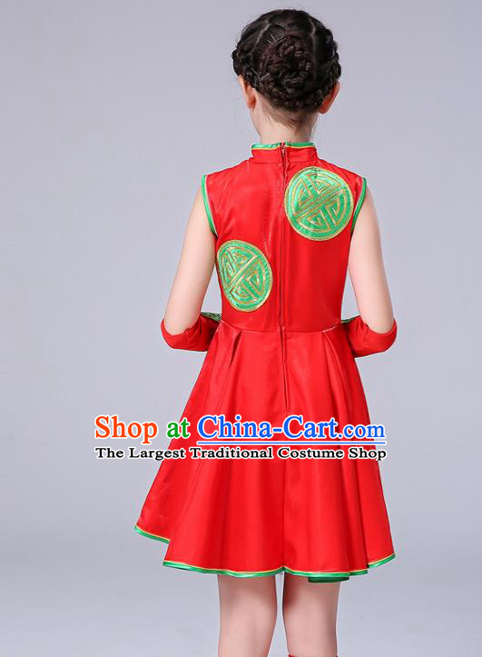 Chinese Folk Dance Costumes Girl Drum Dance Red Dress Yangge Performance Clothing Children Yangko Dance Uniforms