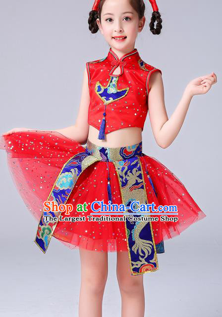 Chinese Girl Drum Dance Red Dress Yangge Performance Clothing Children Yangko Dance Uniforms Folk Dance Costumes