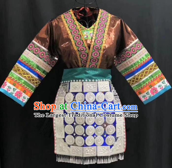 Chinese Minority Performance Brown Short Dress Outfits Dong Nationality Folk Dance Clothing Guizhou Ethnic Festival Garments