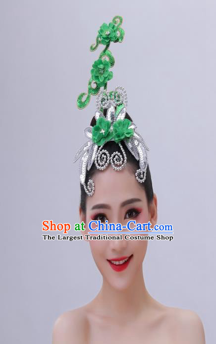 Chinese Handmade Fan Dance Green Plum Hair Crown Folk Dance Hair Accessories Yangko Dance Headdress