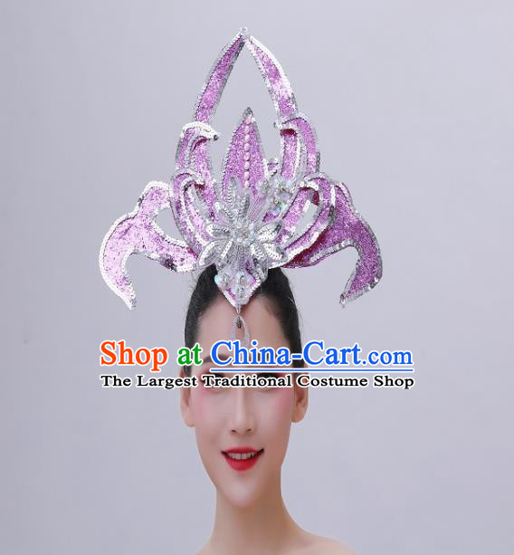 Chinese Peony Dance Hair Crown Opening Dance Lilac Sequins Hair Accessories Modern Dance Headdress