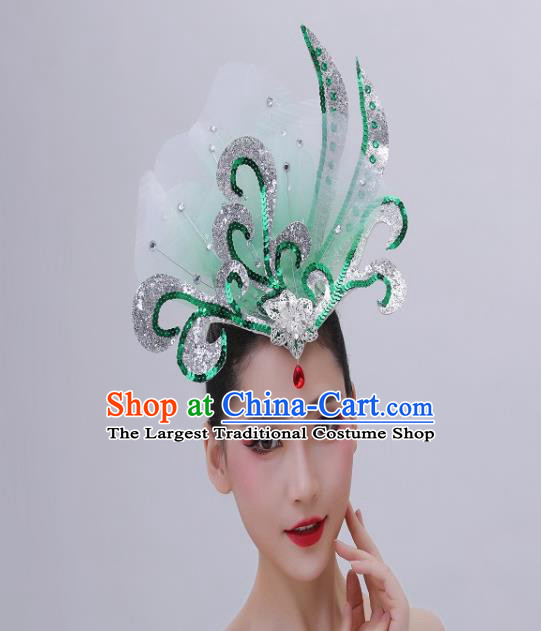 Chinese Classical Dance Hair Accessories Opening Dance Hair Crown Woman Group Dance Green Sequins Headpiece