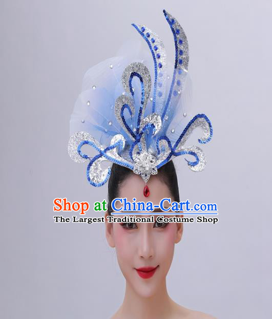 Chinese Woman Group Dance Blue Sequins Headpiece Classical Dance Hair Accessories Opening Dance Hair Crown