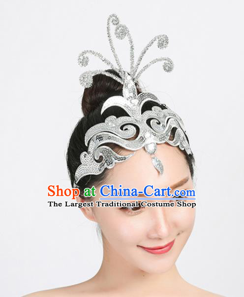 Chinese Folk Dance Argent Sequins Hair Crown Woman Group Dance Hair Accessories Yangko Dance Headpiece