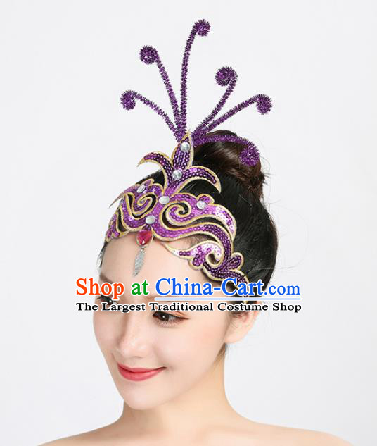 Chinese Folk Dance Hair Accessories Woman Group Performance Headdress Yangko Dance Purple Sequins Hair Stick