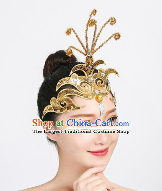 Chinese Yangko Dance Hair Stick Folk Dance Golden Sequins Hair Accessories Woman Group Performance Headdress