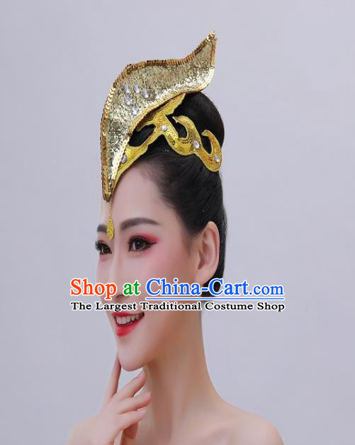 Chinese Folk Dance Golden Sequins Headpiece Spring Festival Gala Opening Dance Headwear Handmade Dai Nationality Peacock Dance Hair Crown