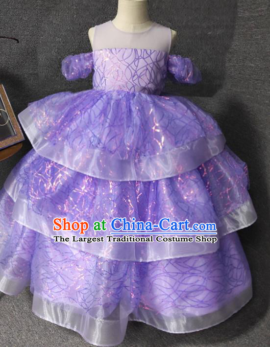 Top Christmas Princess Evening Wear Children Performance Clothing Girl Stage Show Formal Garment Catwalks Purple Long Dress