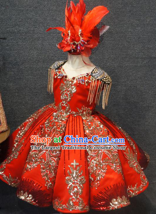 Top Christmas Baroque Princess Evening Wear Children Compere Clothing Girl Stage Show Formal Garment Catwalks Red Long Dress