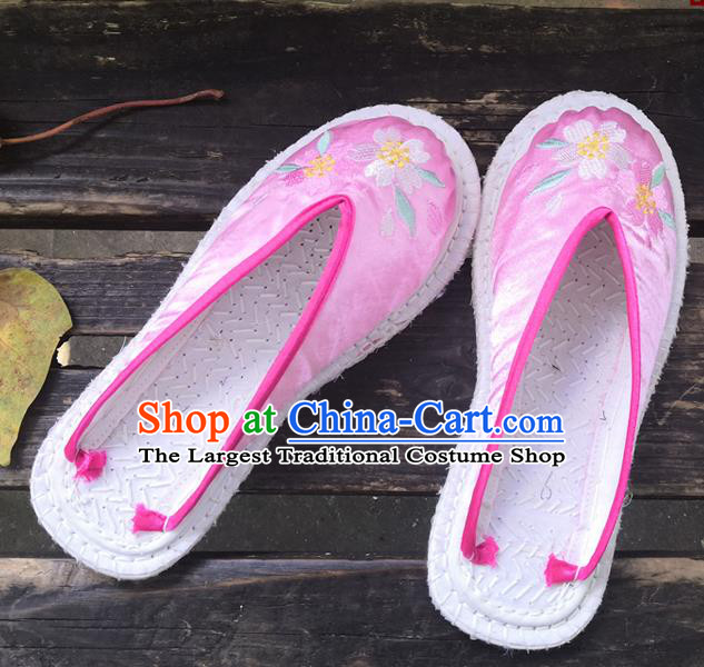 Chinese Woman Strong Cloth Slippers National Pink Satin Shoes Handmade Embroidery Shoes
