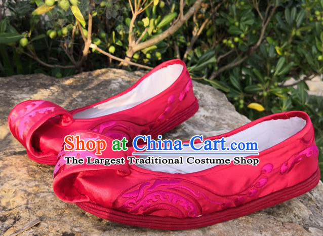 Handmade China Ethnic Folk Dance Shoes National Woman Rosy Satin Shoes Yunnan Wedding Embroidered Shoes