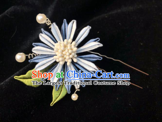China Handmade Blue Silk Chrysanthemum Hairpin Traditional Hanfu Hair Accessories Ancient Palace Lady Hair Stick