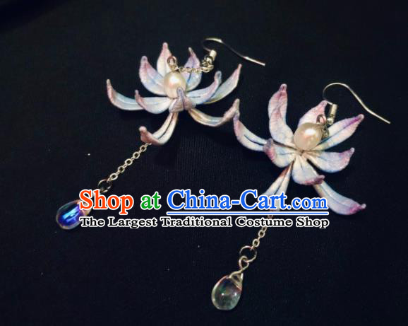 China Cheongsam Earrings National Woman Ear Jewelry Handmade Lilac Silk Lotus Ear Accessories