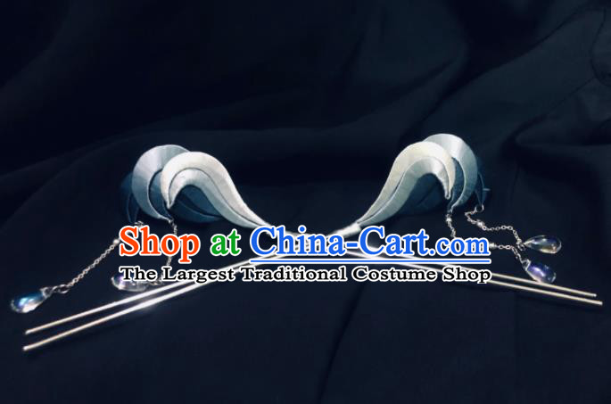 China Handmade Blue Silk Wave Hairpins Traditional Tang Dynasty Hanfu Hair Accessories Ancient Young Lady Tassel Hair Sticks
