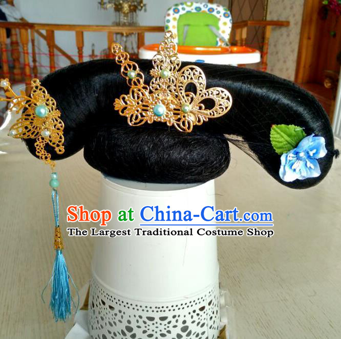 Chinese Traditional Qing Dynasty Court Maid Wigs and Hair Accessories Ancient Manchu Lady Hairpieces