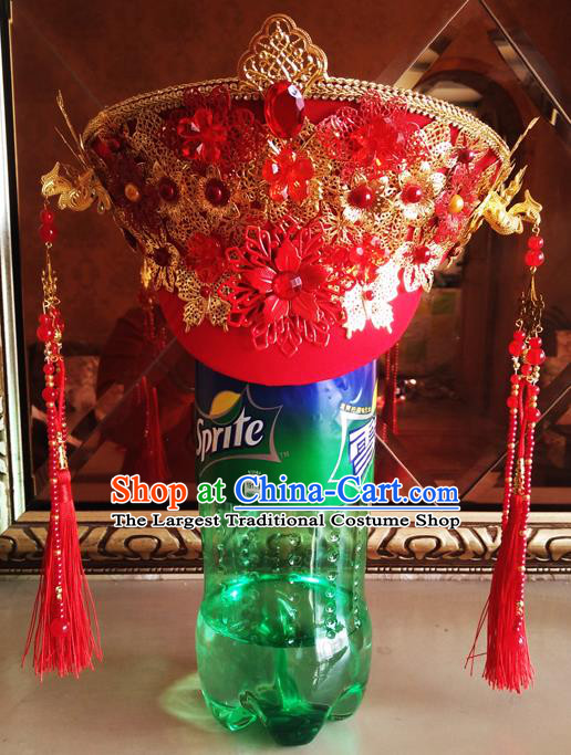 China Handmade Qing Dynasty Wedding Red Hair Crown Traditional The Legend of Xiaozhuang Court Headwear Ancient Empress Hat