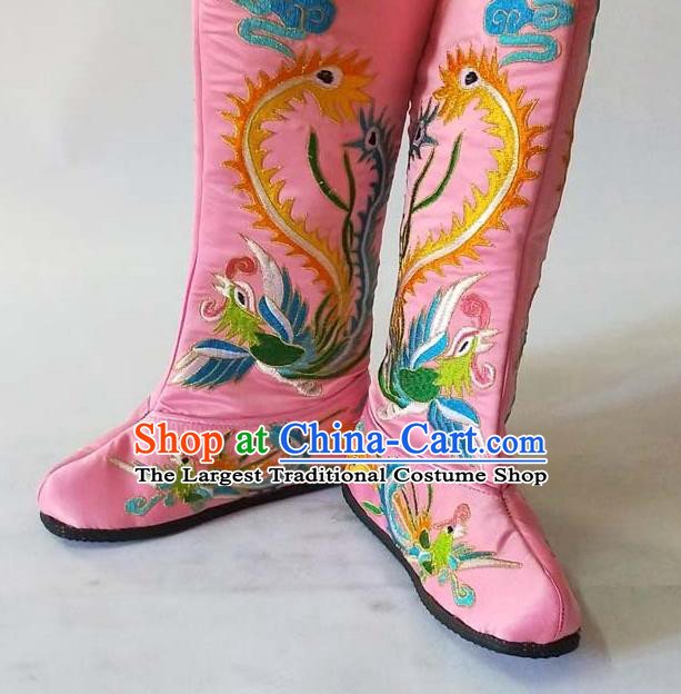 China Sichuan Opera Changing Face Pink Boots Traditional Peking Opera Blues Shoes Beijing Opera Female General Embroidered Phoenix Shoes